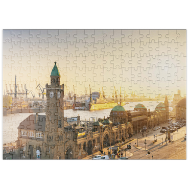 puzzleplate Hamburg St. Pauli Landungsbrücken bei Sonnenuntergang, Deutschland 200 Puzzle