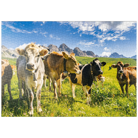 puzzleplate Kühe vor einer Idyllischen Alpen-Landschaft 1000 Puzzle
