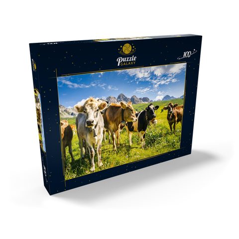 Kühe vor einer Idyllischen Alpen-Landschaft 100 Puzzle Schachtel Ansicht2