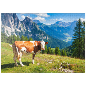 Darstellung des Puzzle Motivs Kuh grast auf einer Alpenwiese in den Dolomiten - Puzzleteile: 1000