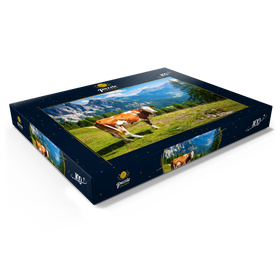 Darstellung des Puzzle Motivs Kuh grast auf einer Alpenwiese in den Dolomiten - Puzzleteile: 100