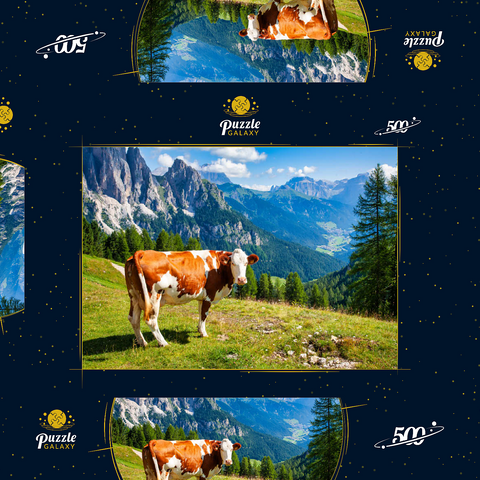 Grasende Kühe in den Dolomitenbergen 500 Puzzle Schachtel 3D Modell