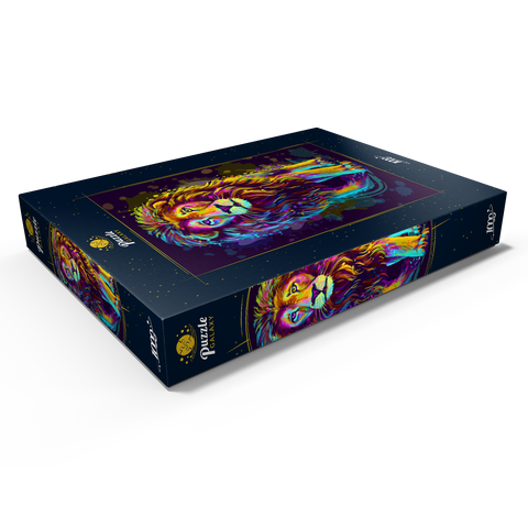 Künstlerisches, neonfarbenes Porträt eines Löwen im Stil der Pop-Art 1000 Puzzle Schachtel Ansicht1