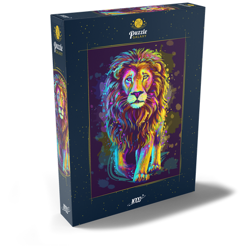 Künstlerisches, neonfarbenes Porträt eines Löwen im Stil der Pop-Art 1000 Puzzle Schachtel Ansicht2