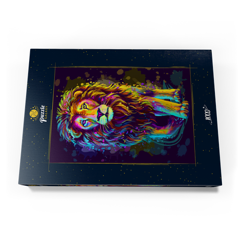 Künstlerisches, neonfarbenes Porträt eines Löwen im Stil der Pop-Art 1000 Puzzle Schachtel Ansicht3