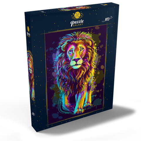 Künstlerisches, neonfarbenes Porträt eines Löwen im Stil der Pop-Art 100 Puzzle Schachtel Ansicht2