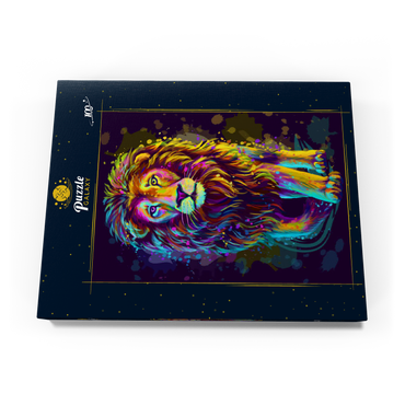 Künstlerisches, neonfarbenes Porträt eines Löwen im Stil der Pop-Art 100 Puzzle Schachtel Ansicht3