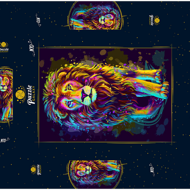 Künstlerisches, neonfarbenes Porträt eines Löwen im Stil der Pop-Art 100 Puzzle Schachtel 3D Modell