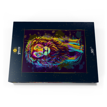 Künstlerisches, neonfarbenes Porträt eines Löwen im Stil der Pop-Art 500 Puzzle Schachtel Ansicht3