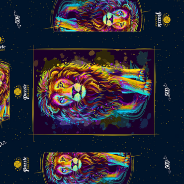 Künstlerisches, neonfarbenes Porträt eines Löwen im Stil der Pop-Art 500 Puzzle Schachtel 3D Modell