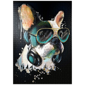 Darstellung des Puzzle-Motivs Französische Bulldogge mit Kopfhörer – Puzzleteile: 1000
