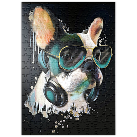 Darstellung des Puzzle-Motivs Französische Bulldogge mit Kopfhörer – Puzzleteile: 200