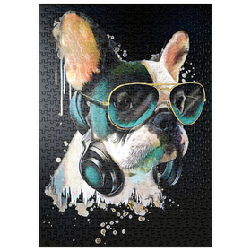 Darstellung des Puzzle-Motivs Französische Bulldogge mit Kopfhörer – Puzzleteile: 500