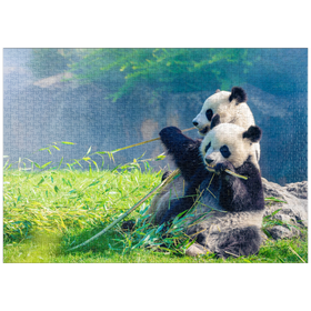 Darstellung des Puzzle-Motivs Mutter Panda und ihr Baby Panda beim Bambus essen – Puzzleteile: 1000