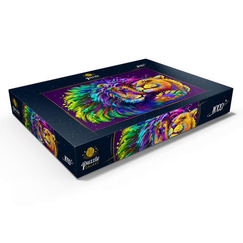Künstlerisches, neonfarbener Löwe umarmt Löwin im Stil der Pop-Art 1000 Puzzle Schachtel Ansicht1