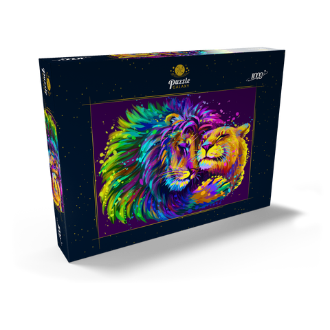 Künstlerisches, neonfarbener Löwe umarmt Löwin im Stil der Pop-Art 1000 Puzzle Schachtel Ansicht2