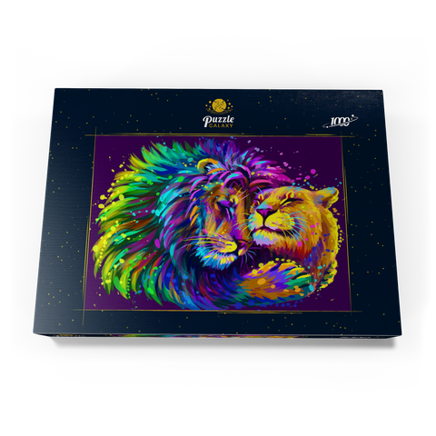 Künstlerisches, neonfarbener Löwe umarmt Löwin im Stil der Pop-Art 1000 Puzzle Schachtel Ansicht3