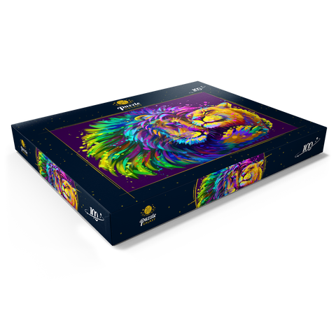 Künstlerisches, neonfarbener Löwe umarmt Löwin im Stil der Pop-Art 100 Puzzle Schachtel Ansicht1