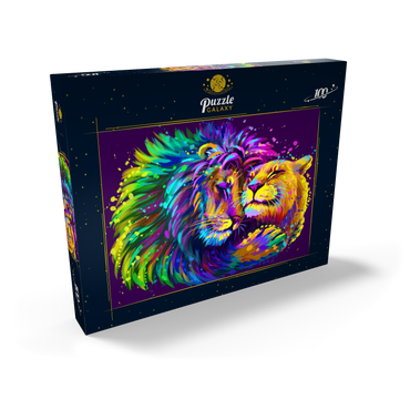Künstlerisches, neonfarbener Löwe umarmt Löwin im Stil der Pop-Art 100 Puzzle Schachtel Ansicht2