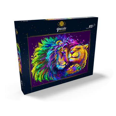 Künstlerisches, neonfarbener Löwe umarmt Löwin im Stil der Pop-Art 100 Puzzle Schachtel Ansicht2