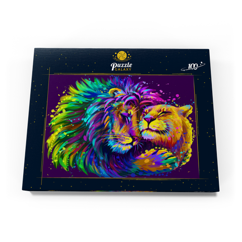 Künstlerisches, neonfarbener Löwe umarmt Löwin im Stil der Pop-Art 100 Puzzle Schachtel Ansicht3