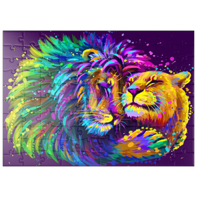 Darstellung des Puzzle-Motivs Künstlerisches, neonfarbener Löwe umarmt Löwin im Stil der Pop-Art – Puzzleteile: 100