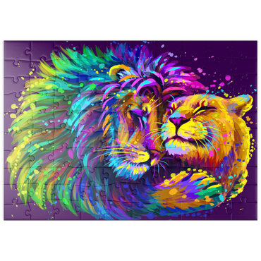 puzzleplate Künstlerisches, neonfarbener Löwe umarmt Löwin im Stil der Pop-Art 100 Puzzle