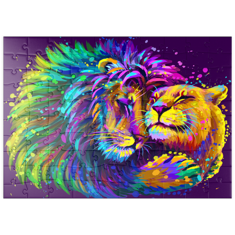 puzzleplate Künstlerisches, neonfarbener Löwe umarmt Löwin im Stil der Pop-Art 100 Puzzle