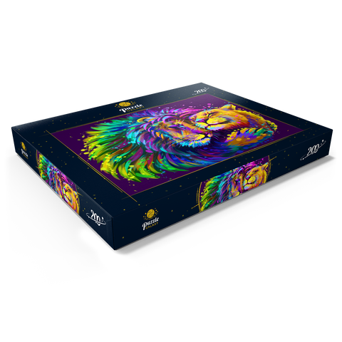 Künstlerisches, neonfarbener Löwe umarmt Löwin im Stil der Pop-Art 200 Puzzle Schachtel Ansicht1