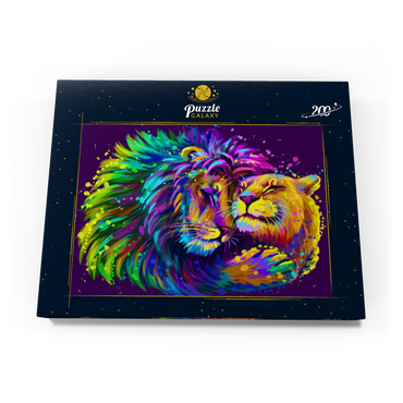 Künstlerisches, neonfarbener Löwe umarmt Löwin im Stil der Pop-Art 200 Puzzle Schachtel Ansicht3