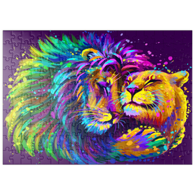 Darstellung des Puzzle-Motivs Künstlerisches, neonfarbener Löwe umarmt Löwin im Stil der Pop-Art – Puzzleteile: 200