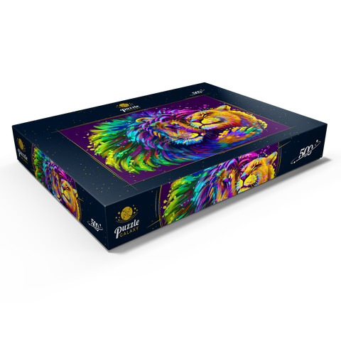 Künstlerisches, neonfarbener Löwe umarmt Löwin im Stil der Pop-Art 500 Puzzle Schachtel Ansicht1