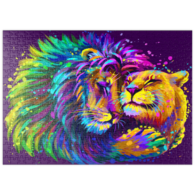 Darstellung des Puzzle-Motivs Künstlerisches, neonfarbener Löwe umarmt Löwin im Stil der Pop-Art – Puzzleteile: 500