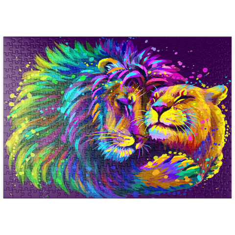 puzzleplate Künstlerisches, neonfarbener Löwe umarmt Löwin im Stil der Pop-Art 500 Puzzle