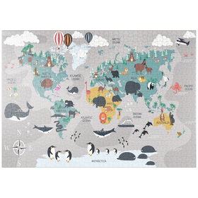 Darstellung des Puzzle Motivs Die Weltkarte mit Cartoon-Tieren für Kinder - Puzzleteile: 1000