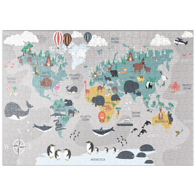 Darstellung des Puzzle-Motivs Die Weltkarte mit Cartoon-Tieren für Kinder – Puzzleteile: 500