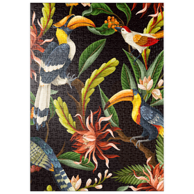 Darstellung des Puzzle-Motivs Vögel mit tropischen Blättern und Blumen – Puzzleteile: 500