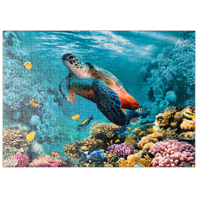 Darstellung des Puzzle-Motivs Unterwasserwelt mit Schildkröte und Korallen – Puzzleteile: 200