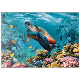 Darstellung des Puzzle-Motivs Unterwasserwelt mit Schildkröte und Korallen – Puzzleteile: 500