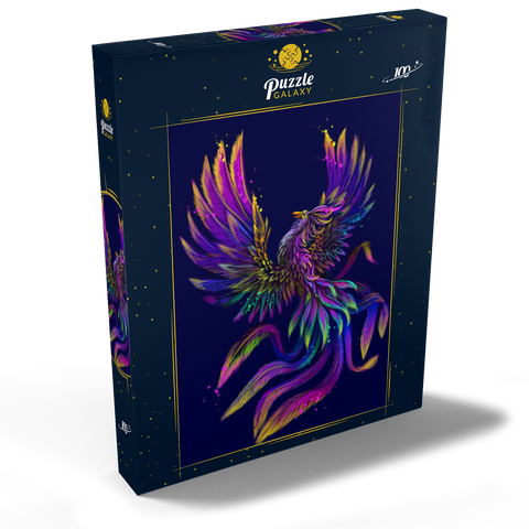 Künstlerisches, neonfarbenes Porträt eines Phoenix im Stil der Pop-Art 100 Puzzle Schachtel Ansicht2