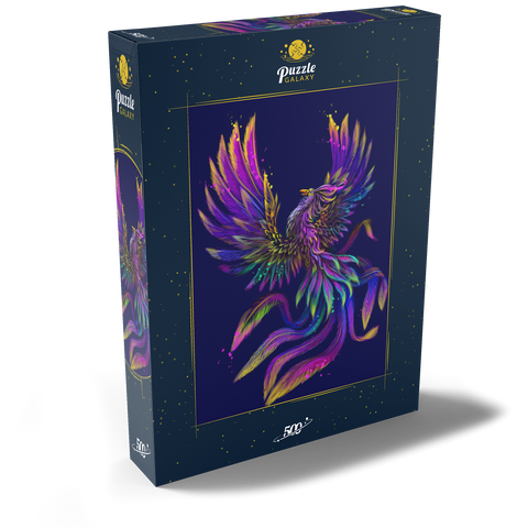 Künstlerisches, neonfarbenes Porträt eines Phoenix im Stil der Pop-Art 500 Puzzle Schachtel Ansicht2