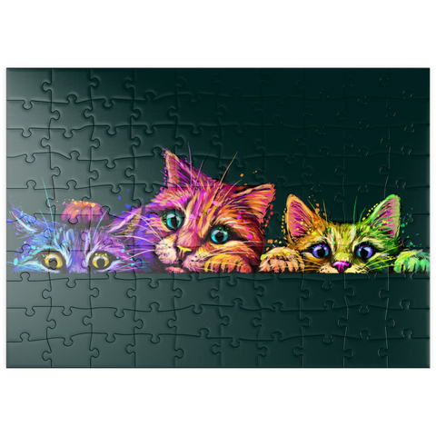 puzzleplate Künstlerisches, neonfarbenes Porträt von drei Kätzchen im Stil der Pop-Art 100 Puzzle