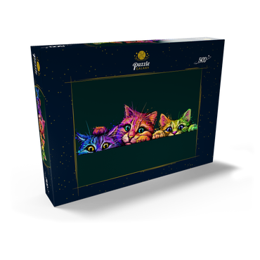 Künstlerisches, neonfarbenes Porträt von drei Kätzchen im Stil der Pop-Art 500 Puzzle Schachtel Ansicht2