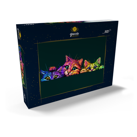 Künstlerisches, neonfarbenes Porträt von drei Kätzchen im Stil der Pop-Art 500 Puzzle Schachtel Ansicht2