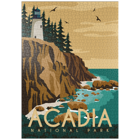 Darstellung des Puzzle-Motivs Acadia-Nationalpark, Maine, USA, Art Deco style Vintage Poster, Illustration – Puzzleteile: 1000
