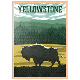 Darstellung des Puzzle-Motivs Bisons im Yellowstone-Nationalpark, Art Deco style Vintage Poster, Illustration – Puzzleteile: 500