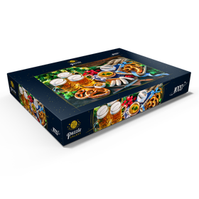 Darstellung des Puzzle Motivs Oktoberfest-Menü, Bayerische Würstchen mit Brezeln, süßem Senf und Bierkrügen - Puzzleteile: 1000