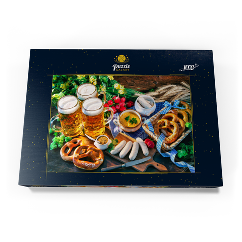 Oktoberfest-Menü, Bayerische Würstchen mit Brezeln, süßem Senf und Bierkrügen 1000 Puzzle Schachtel Ansicht3