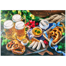 Darstellung des Puzzle-Motivs Oktoberfest-Menü, Bayerische Würstchen mit Brezeln, süßem Senf und Bierkrügen – Puzzleteile: 1000