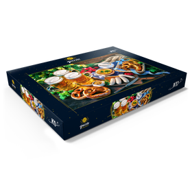 Darstellung des Puzzle Motivs Oktoberfest-Menü, Bayerische Würstchen mit Brezeln, süßem Senf und Bierkrügen - Puzzleteile: 100